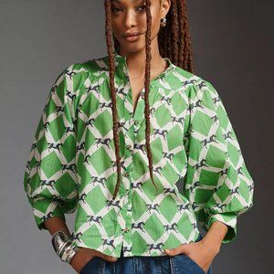 Anthropologie Green and White Patterned Top